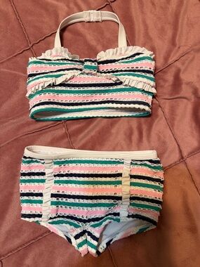 Janie and Jack Striped Ruffle Bikini Set - Pink, Teal, Navy, Cream